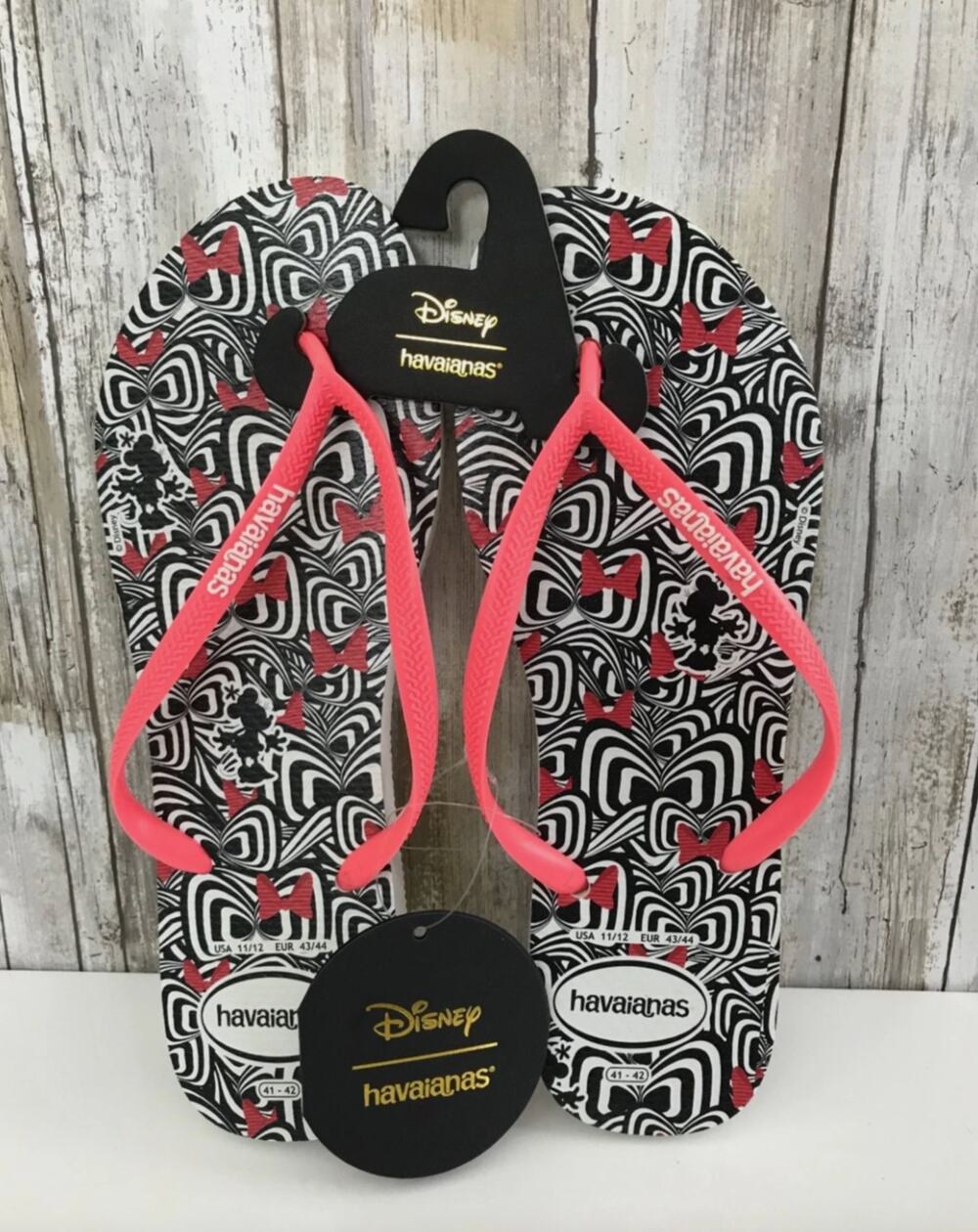 NWT Havaianas DISNEY Minnie Mouse Bow Black Flip Flops Rubber Sandals 11/12